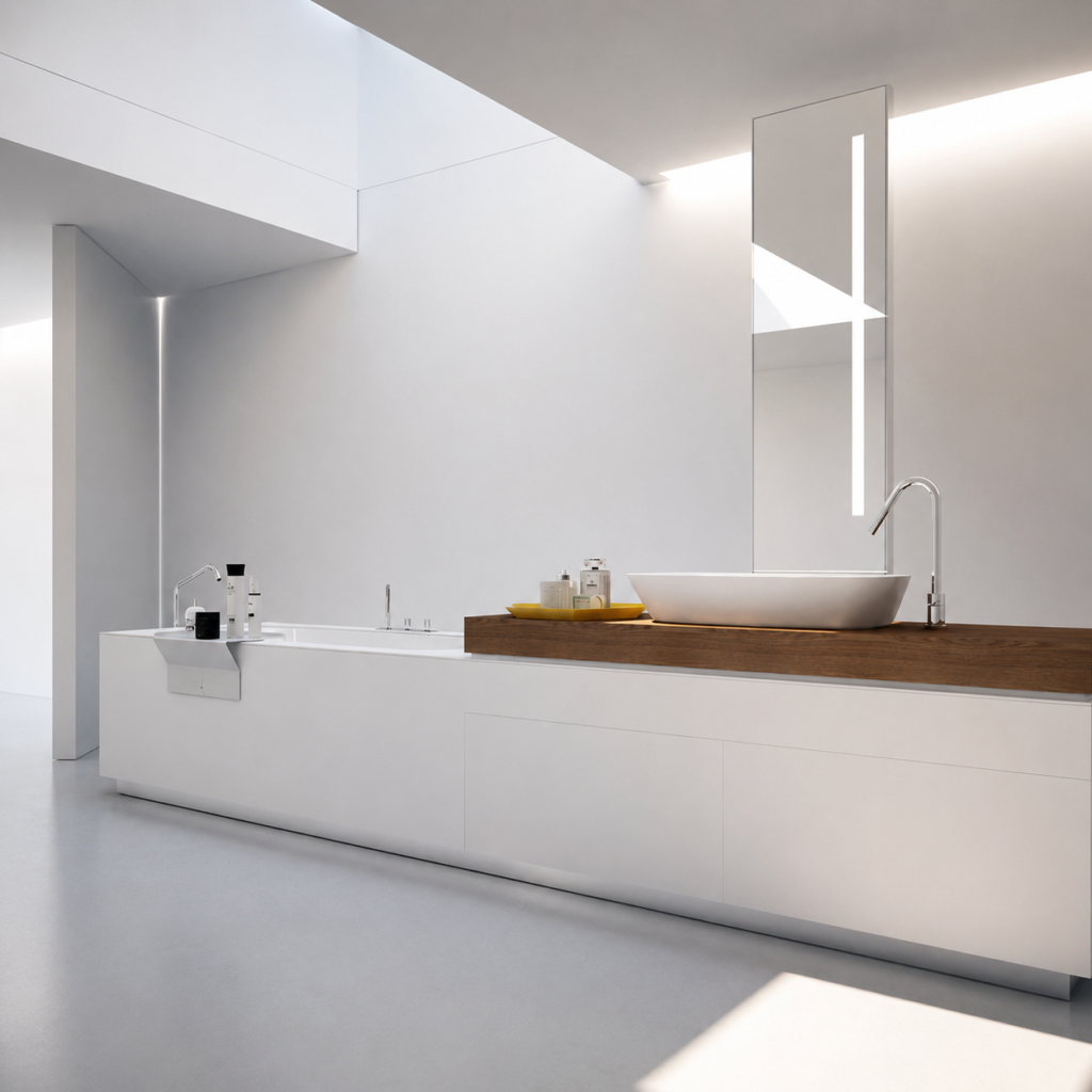 Bañera y mueble con encimera en Solid Surface y madera